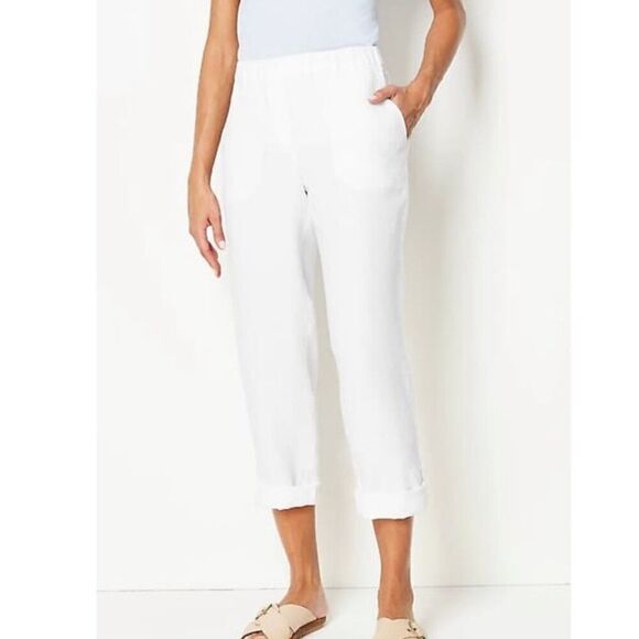 J. Jill Purejill Linen White Roll Tab Rolled Hem Cropped Pants Size L Petite - Picture 1 of 7